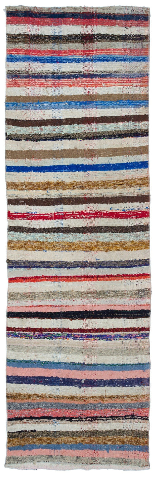 Girit Beige Striped Wool Handmade Area Rug 3'1" x 9'5"