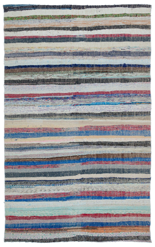 Girit Beige Striped Wool Handmade Area Rug 5'6" x 8'9"