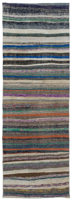 Girit Grey Striped Wool Handmade Area Rug 3'7" x 9'10"