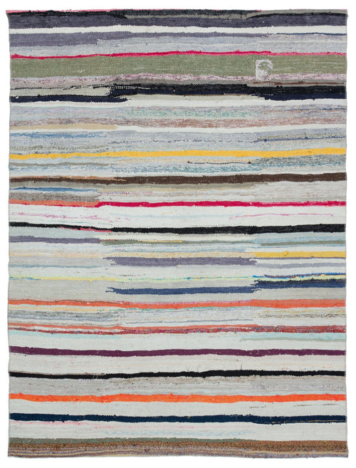 Girit Beige Striped Wool Handmade Area Rug 5'9" x 7'5"