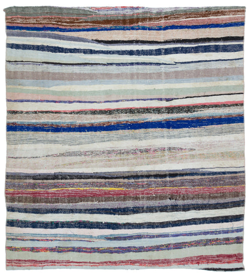 Girit Beige Striped Wool Handmade Area Rug 6'2" x 6'9"