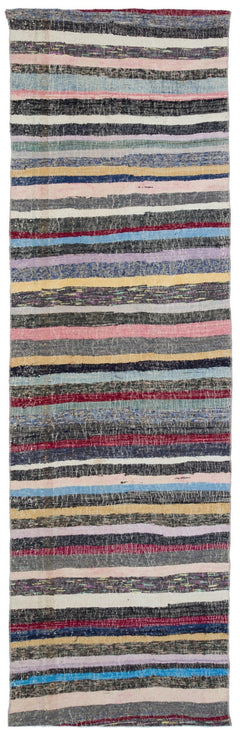 Girit Grey Striped Wool Handmade Area Rug 3'7" x 11'6"