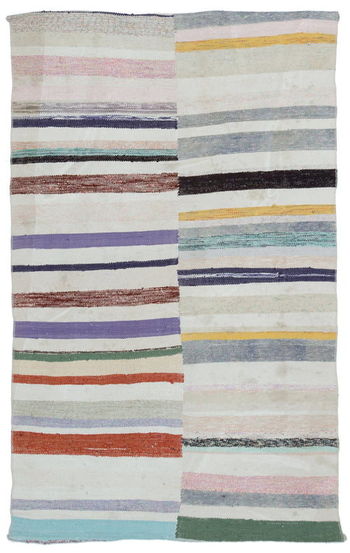 Girit Beige Striped Wool Handmade Area Rug 4'2" x 6'9"