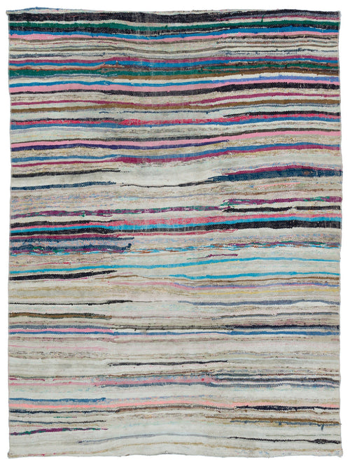 Girit Beige Striped Wool Handmade Area Rug 5'4" x 8'10"