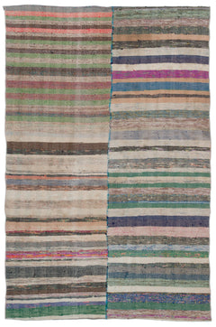 Girit Beige Striped Wool Handmade Area Rug 4'10" x 7'4"