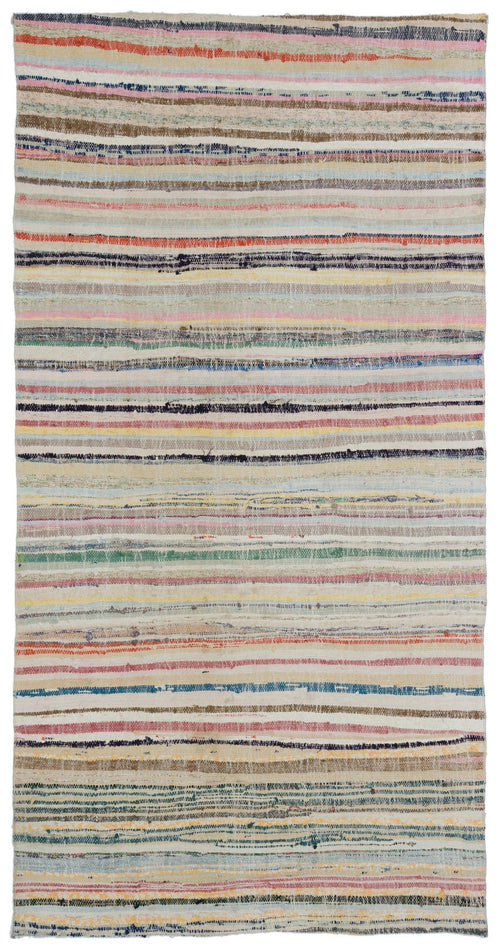 Girit Beige Striped Wool Handmade Area Rug 4'11" x 9'4"