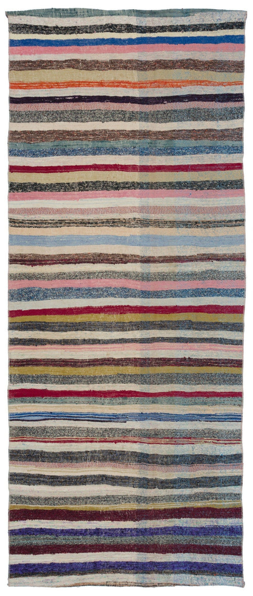Girit Beige Striped Wool Handmade Area Rug 4'2" x 10'2"