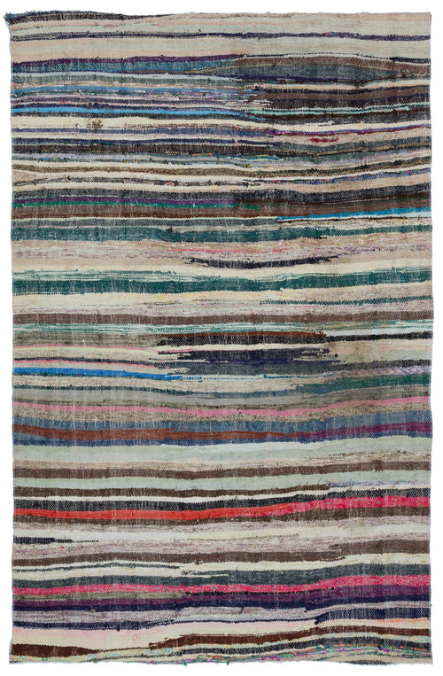 Girit Beige Striped Wool Handmade Area Rug 5'1" x 7'10"
