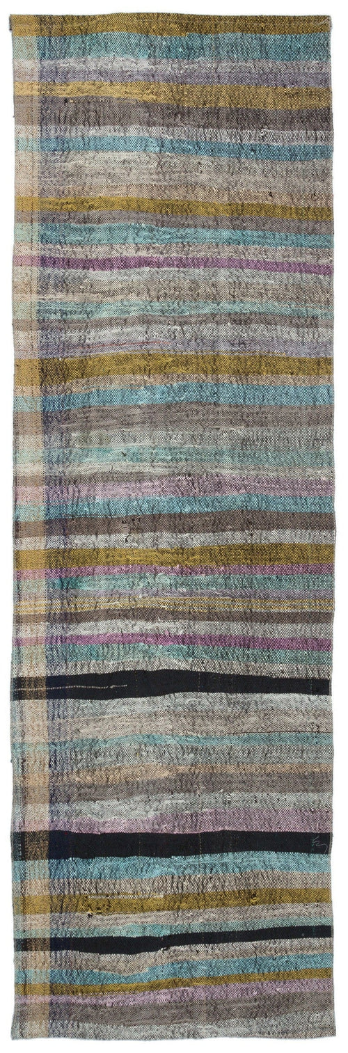 Girit Grey Striped Wool Handmade Area Rug 3'3" x 10'3"