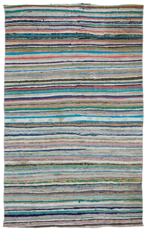 Girit Beige Striped Wool Handmade Area Rug 5'3" x 8'2"