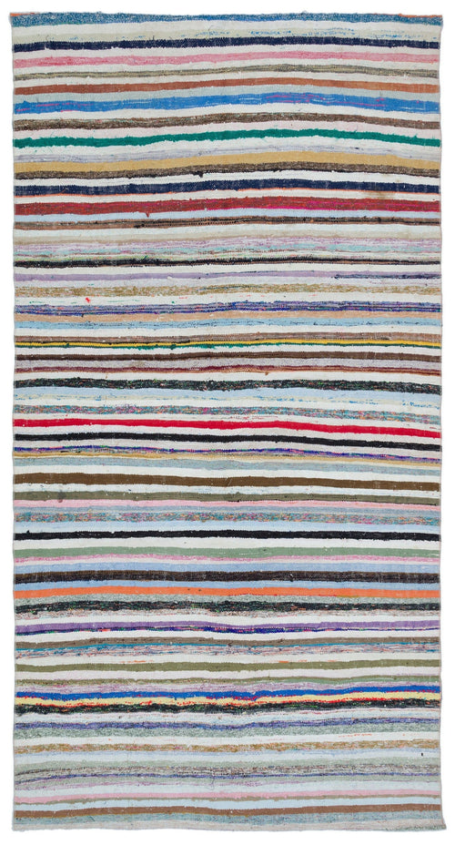 Girit Beige Striped Wool Handmade Area Rug 6'2" x 7'9"