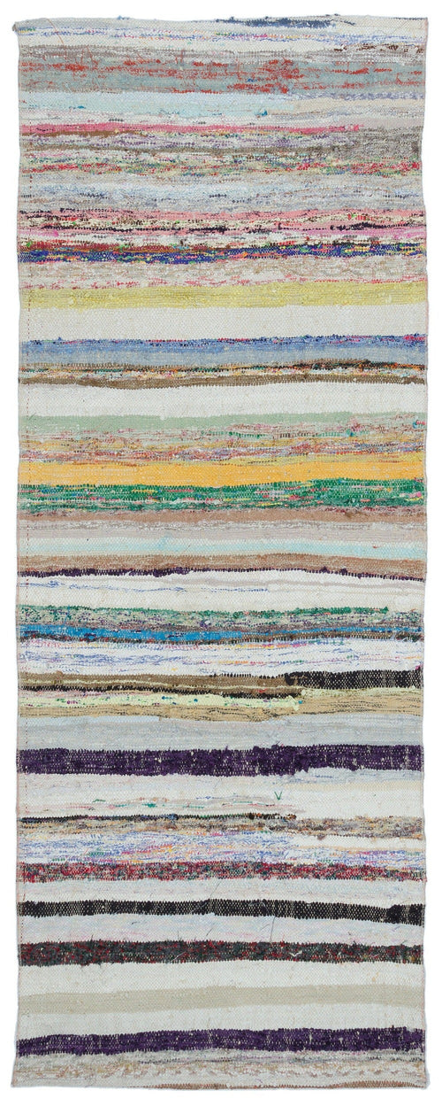 Girit Beige Striped Wool Handmade Area Rug 3'1" x 7'11"