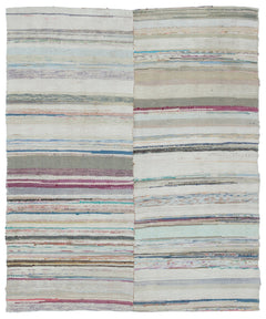 Girit Beige Striped Wool Handmade Area Rug 4'5" x 5'5"