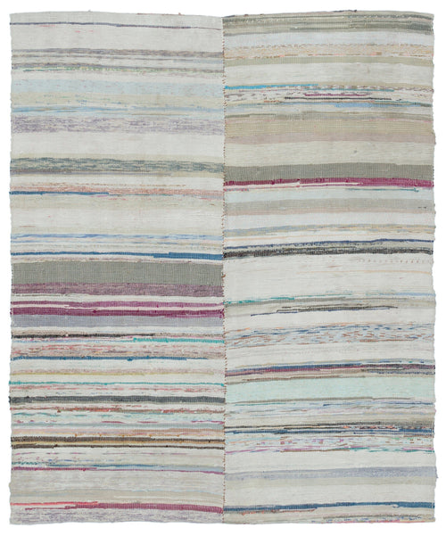 Girit Beige Striped Wool Handmade Area Rug 4'5" x 5'5"