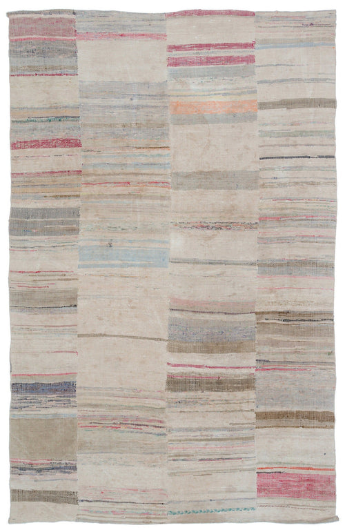 Girit Beige Striped Wool Handmade Area Rug 5'11" x 9'5"