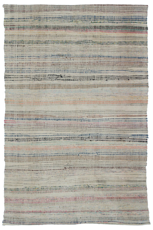 Girit Beige Striped Wool Handmade Area Rug 5'5" x 8'4"