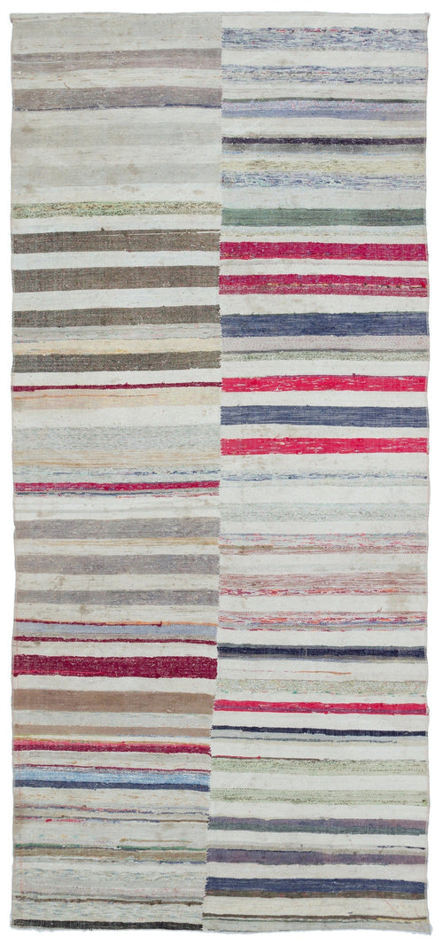 Girit Beige Striped Wool Handmade Area Rug 4'4" x 9'5"