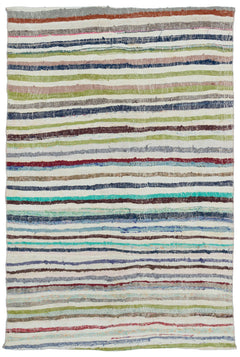 Girit Beige Striped Wool Handmade Area Rug 5'1" x 7'5"