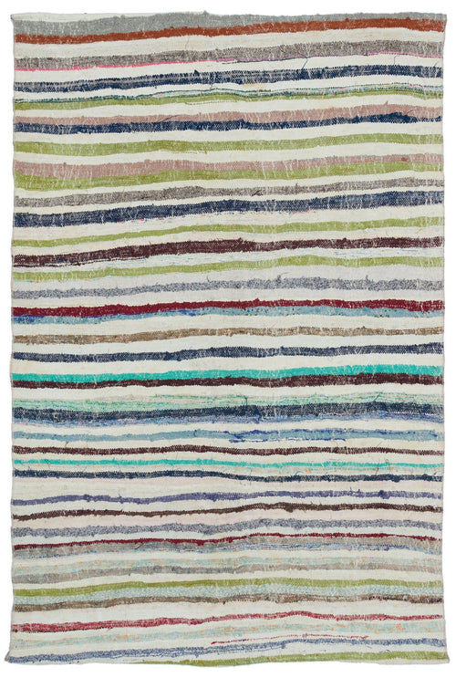 Girit Beige Striped Wool Handmade Area Rug 5'1" x 7'5"