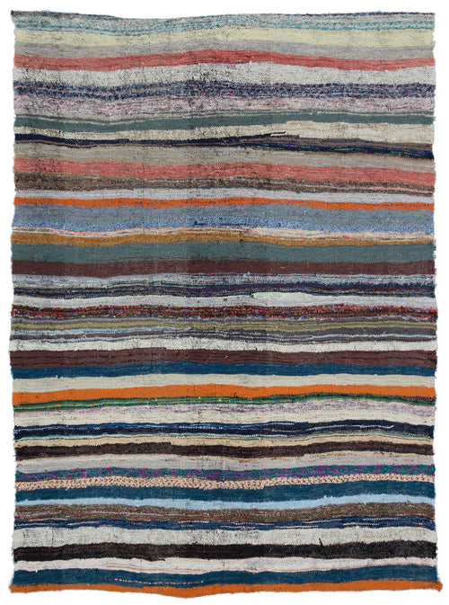 Girit Beige Striped Wool Handmade Area Rug 5'3" x 8'2"