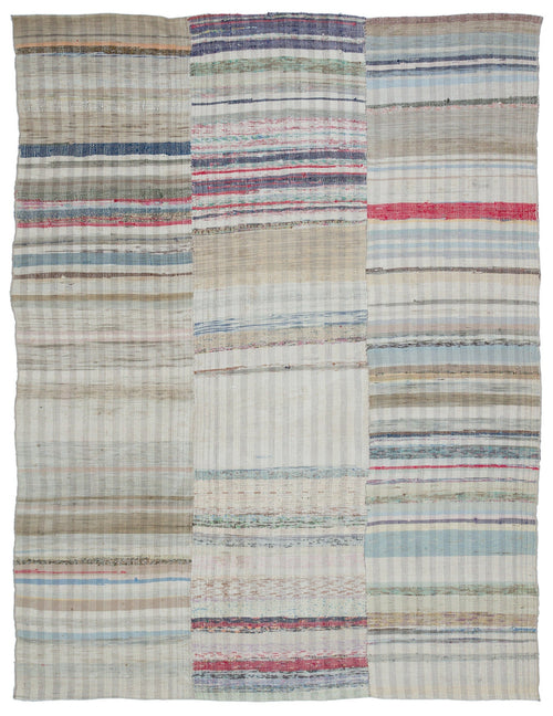 Girit Beige Striped Wool Handmade Area Rug 6'0" x 9'4"