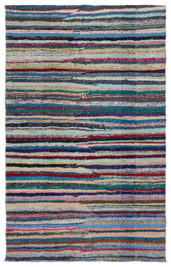 Girit Beige Striped Wool Handmade Area Rug 5'6" x 8'7"