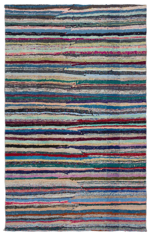 Girit Beige Striped Wool Handmade Area Rug 5'6" x 8'7"