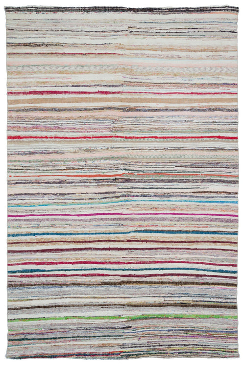 Girit Beige Striped Wool Handmade Area Rug 6'8" x 10'1"