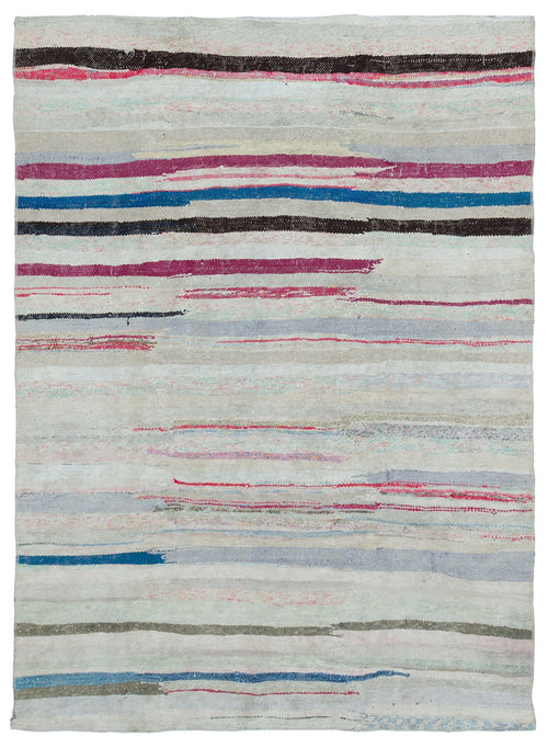 Girit Grey Striped Wool Handmade Area Rug 4'8" x 6'4"