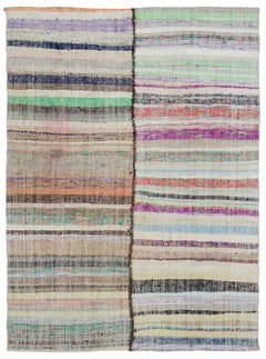 Girit Beige Striped Wool Handmade Area Rug 5'11" x 8'2"