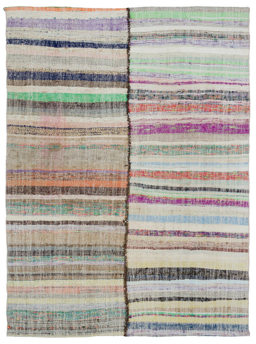 Girit Beige Striped Wool Handmade Area Rug 5'11" x 8'2"