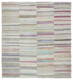 Girit Beige Striped Wool Handmade Area Rug 7'7" x 8'8"