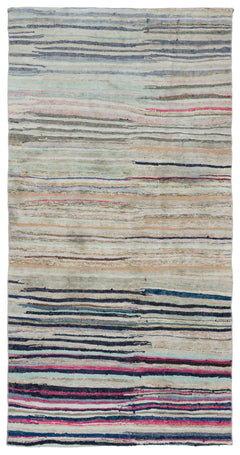 Girit Beige Striped Wool Handmade Area Rug 4'4" x 8'4"