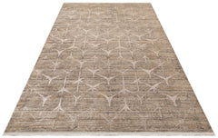 Beige Geometric Area Rug - Machine Made Rug With High Low Carved Design