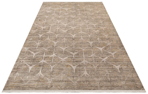 Beige Geometric Area Rug - Machine Made Rug With High Low Carved Design
