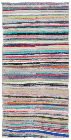 Girit Beige Striped Wool Handmade Area Rug 4'4" x 8'8"