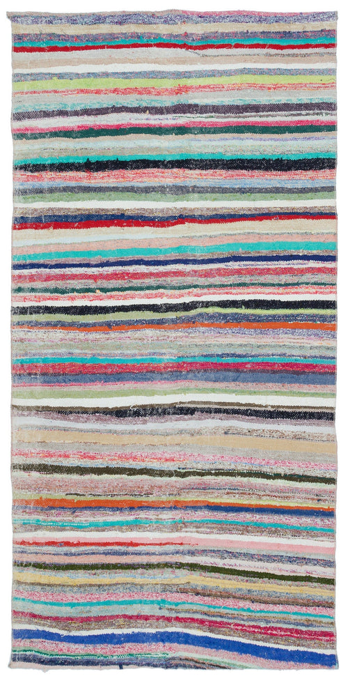 Girit Beige Striped Wool Handmade Area Rug 4'4" x 8'8"