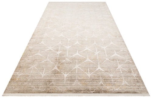 Beige Geometric Area Rug - Machine Made Rug With High Low Carved Design
