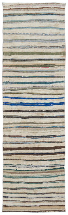 Girit Beige Striped Wool Handmade Area Rug 2'11" x 9'5"