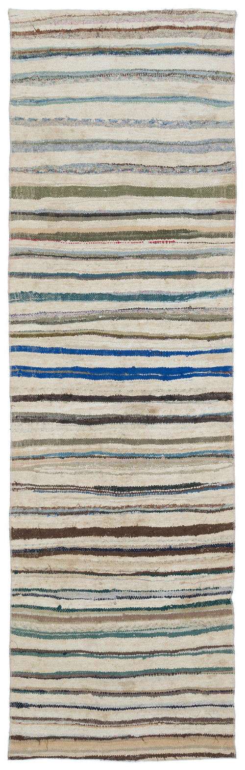 Girit Beige Striped Wool Handmade Area Rug 2'11" x 9'5"