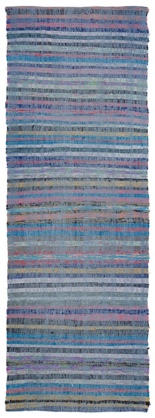 Girit Blue Striped Wool Handmade Area Rug 3'3" x 9'4"