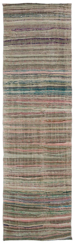Girit Green Striped Wool Handmade Area Rug 3'9" x 12'6"