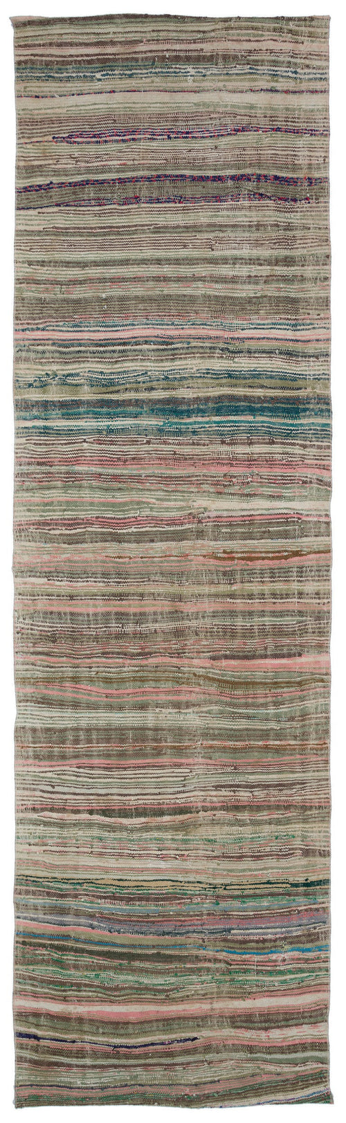 Girit Green Striped Wool Handmade Area Rug 3'9" x 12'6"