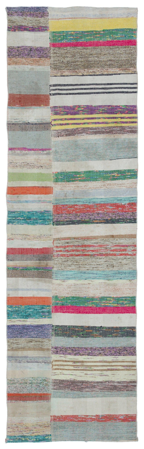 Girit Beige Striped Wool Handmade Area Rug 2'11" x 9'6"