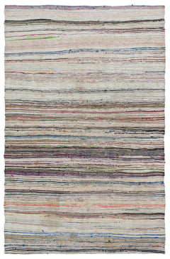 Girit Beige Striped Wool Handmade Area Rug 5'4" x 8'1"