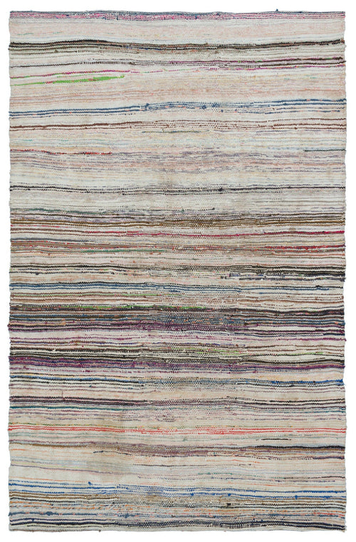 Girit Beige Striped Wool Handmade Area Rug 5'4" x 8'1"