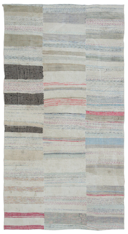 Girit Beige Striped Wool Handmade Area Rug 5'2" x 9'9"