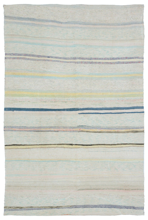Girit Beige Striped Wool Handmade Area Rug 5'10" x 8'10"