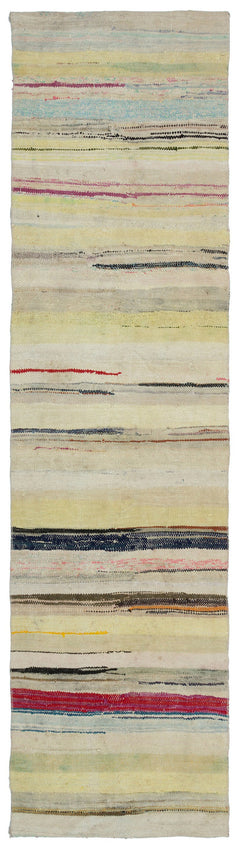 Girit Beige Striped Wool Handmade Area Rug 2'8" x 10'2"