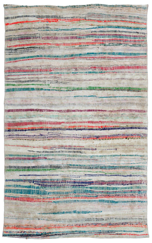 Girit Beige Striped Wool Handmade Area Rug 5'3" x 8'8"